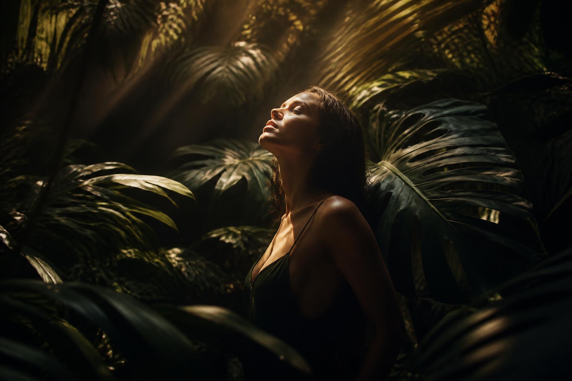 Woman surrounded by dense jungle foliage, golden shafts of light falling across her face at night