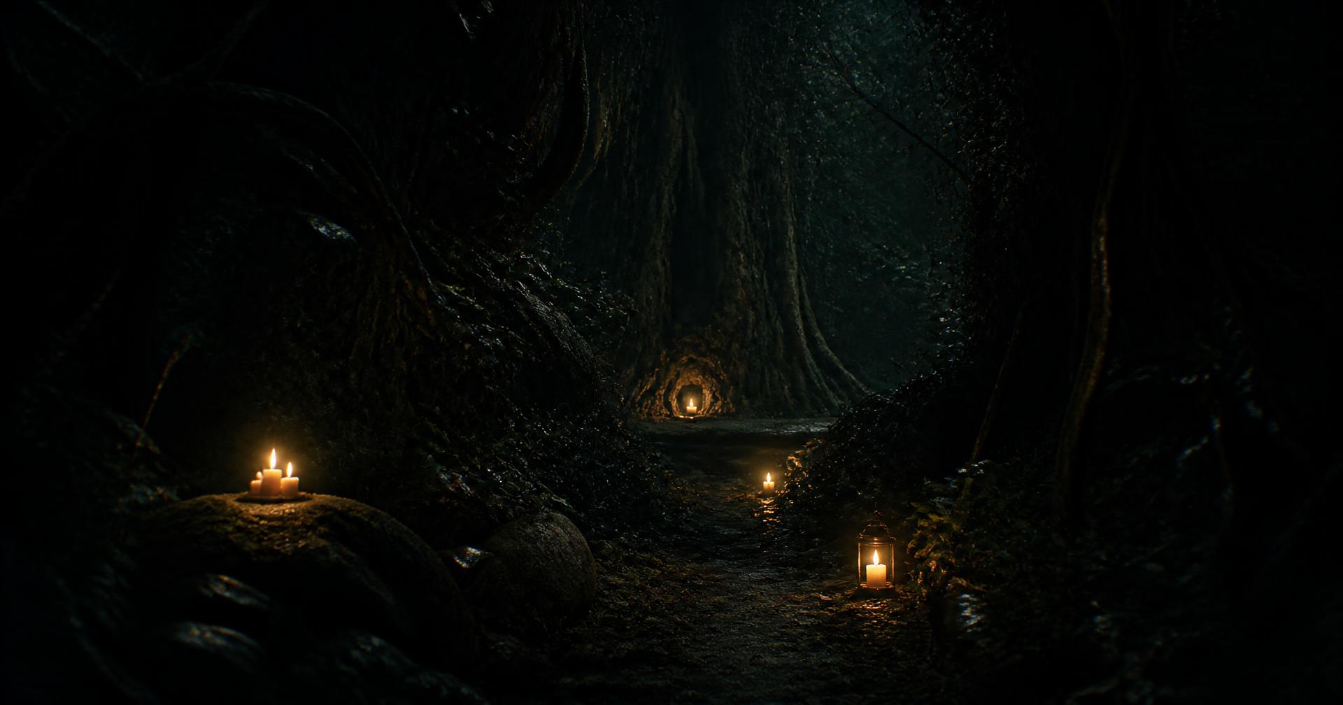 Candlelit path through dark jungle roots at night